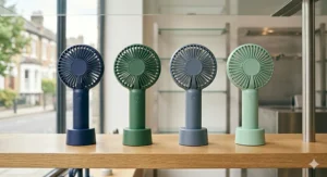 A row of four rechargeable handheld fans displayed in navy blue, forest green, slate grey, and mint green.
