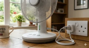 A close-up of a rechargeable battery fan plugged into a standard British white mains socket via a USB cable on a wooden desk.