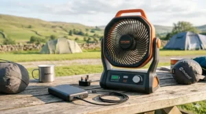 A photorealistic close-up illustration of the Explore battery powered camping fan on a wooden table, connected by a USB-C cable to a rugged power bank on a campsite in the Yorkshire Dales.