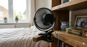 Close-up of a rechargeable USB clip on fan showing the micro-USB charging port and green LED battery indicator on a textured oak shelf.