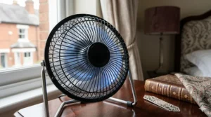 Close-up of the protective safety mesh grille on a USB fan with integrated LED light.