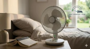 A silent white battery desk fan operating on a bedside table in a peaceful bedroom during sunset, featuring a low-decibel icon to highlight quiet operation.