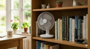 A compact battery-powered desk fan tucked neatly into a narrow oak bookshelf nook, showing its space-saving design for small British flats and offices.