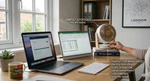 A photorealistic close-up of a small USB-powered desk fan in a UK home office next to a laptop and a mug of Yorkshire Tea.