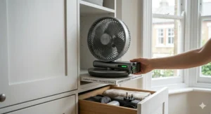 A telescopic, foldable rechargeable fan being tucked into a cupboard, ideal for space-saving in a modern British flat.