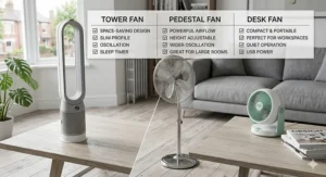 A photorealistic comparison chart showing a bladeless tower fan, a chrome pedestal fan, and a compact desk fan for different UK room sizes.