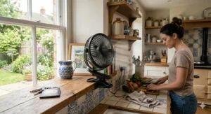 A black USB clip on fan attached to a kitchen shelf near traditional blue-and-white tiles, circulating air for a person preparing a meal.