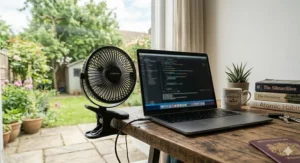A versatile black USB clip on fan being used alongside a laptop and a British passport on a desk, highlighting its portability for travel and remote work.