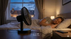 A small, adjustable USB fan on a bedside table during a warm British summer night.