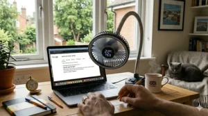 A range of USB fans with different LED light colours including white, blue, and multicoloured options.