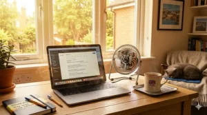 An employee staying cool during a UK summer heatwave using a small LED USB fan at their workstation.