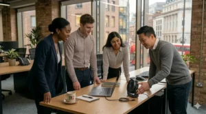Photorealistic shot of a professional team in a brick-walled UK office with a USB desk fan providing personal climate control.