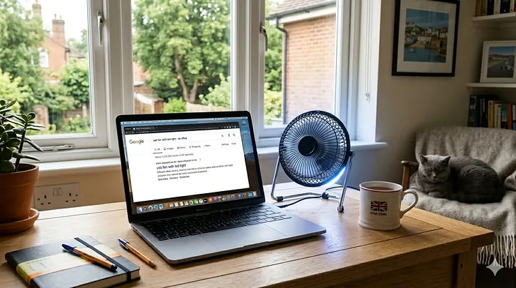 Desktop USB fan with blue LED light plugged into a laptop on a wooden desk in a bright UK home office. USB fan with LED light