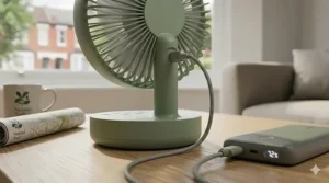 Close-up of the rear of a sage green battery operated fan being charged via a USB cable from a modern portable power bank on a wooden table.