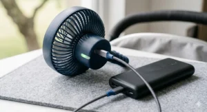 A USB rechargeable battery fan for a pram being plugged into a power bank.