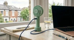 Close-up of a rechargeable handheld fan charging via a USB cable on a wooden desk with a British residential street visible through the window.