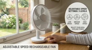 A close-up illustration of a hand selecting one of three adjustable speed levels on a modern white rechargeable fan for personalised cooling power.