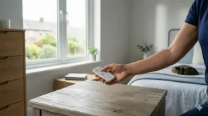 A photorealistic 4K close-up illustration of a hand holding a compact white remote control for a bedroom fan under £50 in a British home.