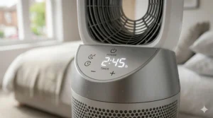 A high-definition close-up of the digital LED control panel of a white tower bedroom fan, showing the programmable timer setting and intuitive touch icons, in a bright British bedroom setting.