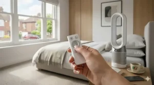 A close-up photograph of a hand pressing the central timer button on the white remote control for the bladeless bedroom fan, shown in a natural British daylight bedroom.