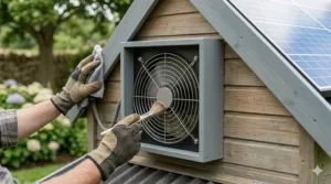 An interior view of a chicken coop showing illustrative blue vapours, representing ammonia and moisture, being extracted from the straw bedding by the wall-mounted solar fan.