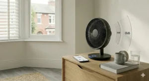 A diagram illustrating the optimal positioning of a bedroom fan to promote effective air circulation in a room.