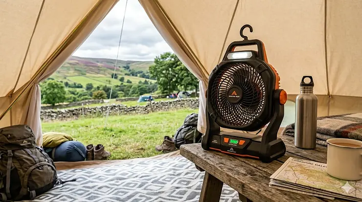A high-quality rechargeable fan for camping sitting on a rustic wooden table inside a canvas bell tent, overlooking a scenic British countryside landscape. rechargeable fan for camping