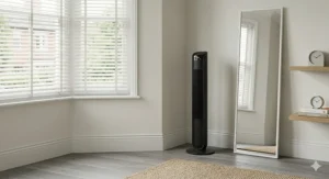 A slim, space-saving tower fan placed in a corner of a typical UK bedroom.