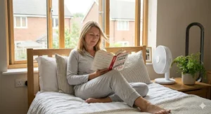 A modern bladeless quiet fan providing safe and steady airflow in a master bedroom.