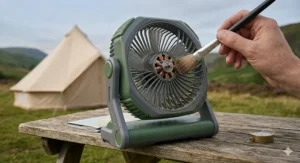 A detailed 4K close-up photograph illustrating a hand carefully cleaning fine particles from the blades and motor casing of the rugged solar powered camping fan, emphasising precise maintenance.