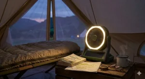 A photorealistic 4K image showing the integrated LED light on the solar powered camping fan, illuminating a cosy reading nook inside a British bell tent at dusk.