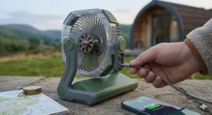 A detailed 4K close-up photograph illustrating a hand connecting a textured USB-C cable to the power output port of the rugged solar powered camping fan to charge a smartphone, showcasing its practical power bank function at a UK glamping pod.
