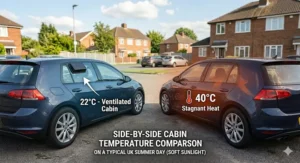 Side-by-side comparison of two estate cars in a car park, showing the lower interior temperature of the vehicle using a solar powered car ventilation fan.