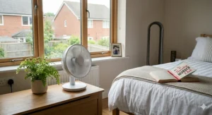 A small, portable quiet fan placed on a bedside vanity, ideal for gentle cooling in a bedroom.