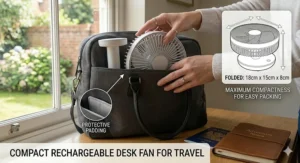 A compact rechargeable desk fan being packed into a charcoal travel bag next to a British passport and leather journal, ideal for UK staycations.