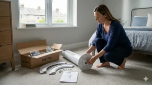 A photorealistic 4K illustration showing a woman assembling the base of a modern white bedroom fan under £50, following a manual in a British bedroom.