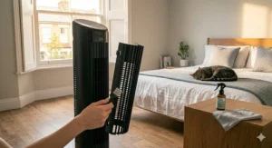 Demonstrating how to easily wipe down and clean the grill of a bedroom tower fan.