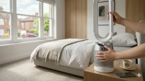 A close-up, photorealistic view of two hands carefully aligning and snapping the vertical airflow loop onto the base of the white bladeless tower fan. The light wood bedside table and natural daylight from the British bedroom provide the context.
