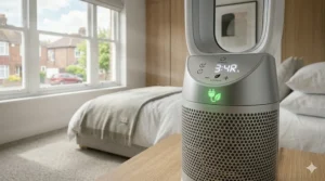 A close-up view of the digital display on the energy-efficient bladeless fan, showing a 3-hour timer setting and an activated ECO mode, positioned in a bright British bedroom setting.