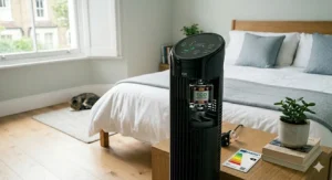 Energy-efficient tower fan operating in a bedroom, ideal for cost-conscious cooling at night.