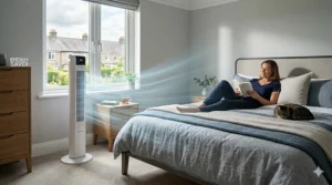 A photorealistic illustration of a woman reading in a British bedroom while a white modern bedroom fan under £50 with 'ENERGY SAVER' text operates.