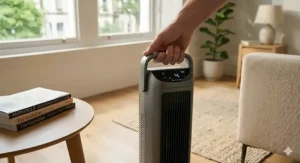 Close-up of a rechargeable tower fan digital display showing low energy consumption icons and an eco-friendly power mode for UK households.