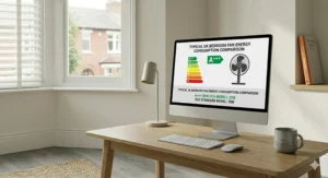 An infographic showing energy-saving modes on modern bedroom fans to help reduce household electricity bills.