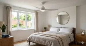 Low-profile white flush-mount bedroom ceiling fan without a downrod, ideal for British homes with lower ceiling heights.