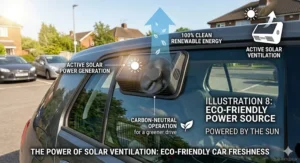 An illustration highlighting the carbon-neutral operation of a solar powered car ventilation fan using 100% renewable energy from the sun.