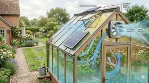 Technical diagram showing how a solar fan for greenhouse ventilation circulates fresh air to prevent heat build-up.