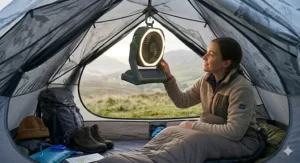 A photorealistic 4K image showing the portable solar powered camping fan hanging from a hook inside a compact trekking tent, providing ventilation for a solo camper in the Scottish Highlands.