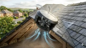 A technical cross-section illustration of a solar attic fan showing the extraction of hot air from a loft space, with blue arrows indicating the flow of fresh air through the roof structure.