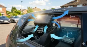 Diagram showing how a solar powered car ventilation fan pulls hot air out of a parked vehicle while drawing in cooler air from outside.