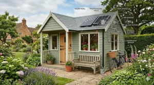 Technical diagram showing how a solar panel fan for a shed converts sunlight into energy to power an extraction fan, removing hot air.